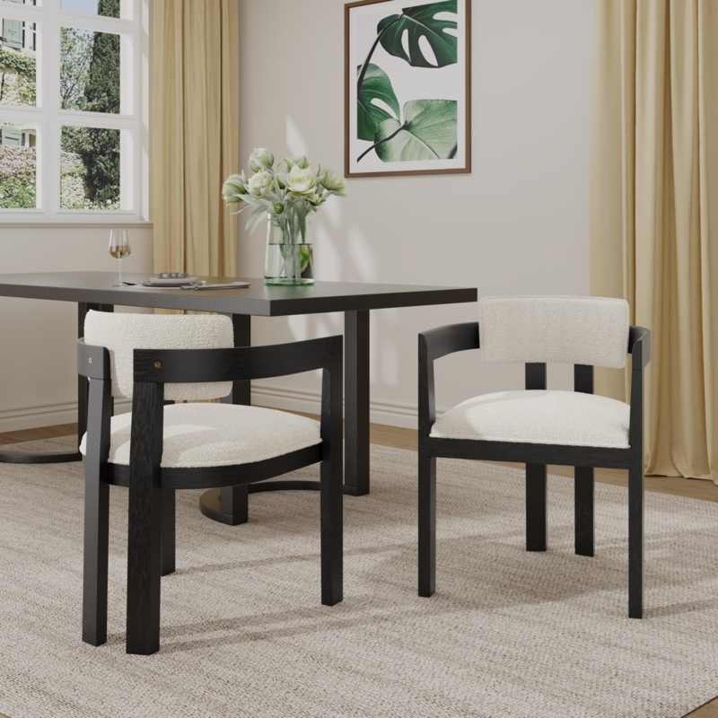 Dining Chair Black Upholstered Wire Brushed Wood Frame Arms