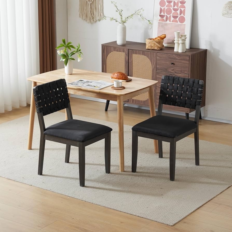 Dining Chair Black Woven Backrest Rivet Trim Farmhouse