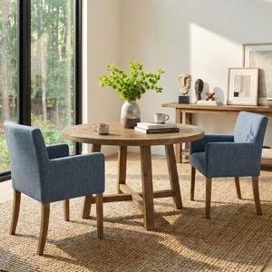 Dining Chair Blue Upholstery Sloping Arms Tapered Wood Legs