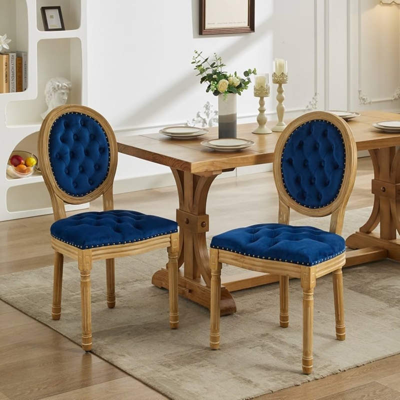 Dining Chair Blue Velvet Medallion Back Weathered Fluted Legs French