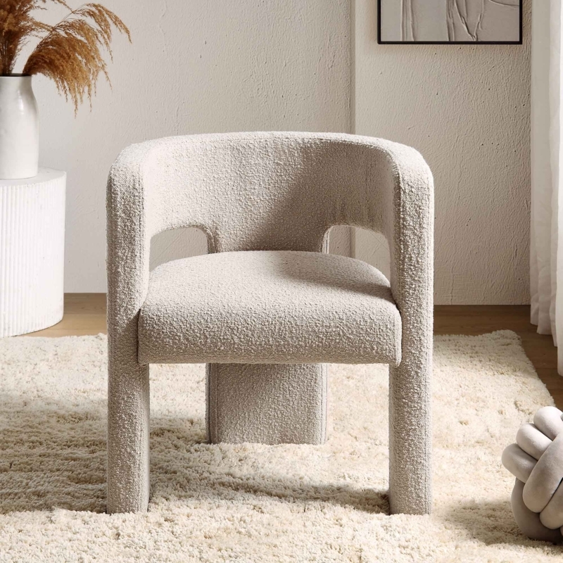 Dining Chair Boucle Texture with Cut Out Back, Light Taupe