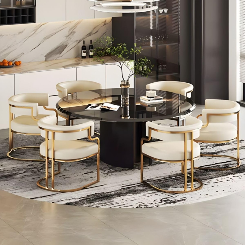 Dining Chair Brass Legs Barrel Back Low Profile Tan Faux Leather