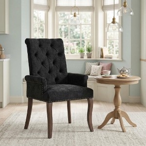 Dining Chair Button Tufting Beige Fabric Nailhead Trim Sloping Arms
