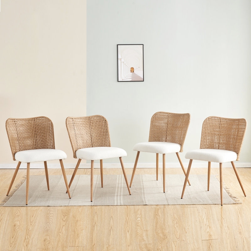 Dining Chair Cane Backrest White Boucle Seat Gold Tipped Legs