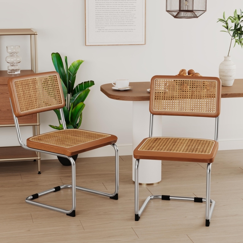 Dining Chair Cantilever Chrome Frame Rattan Back Panel