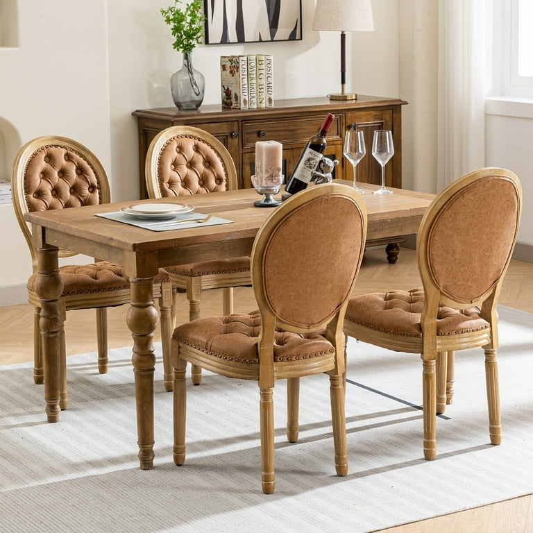 Dining Chair Caramel Faux Leather Button Tufted Back Pull Ring French