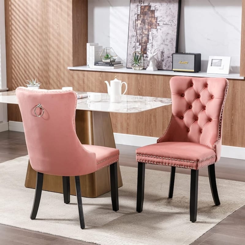 Dining Chair Charcoal Velvet Nailhead Trim Silver Ring Pull Accent