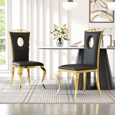 Dining Chair Circular Backrest Cutout Black Gold Polished Finish