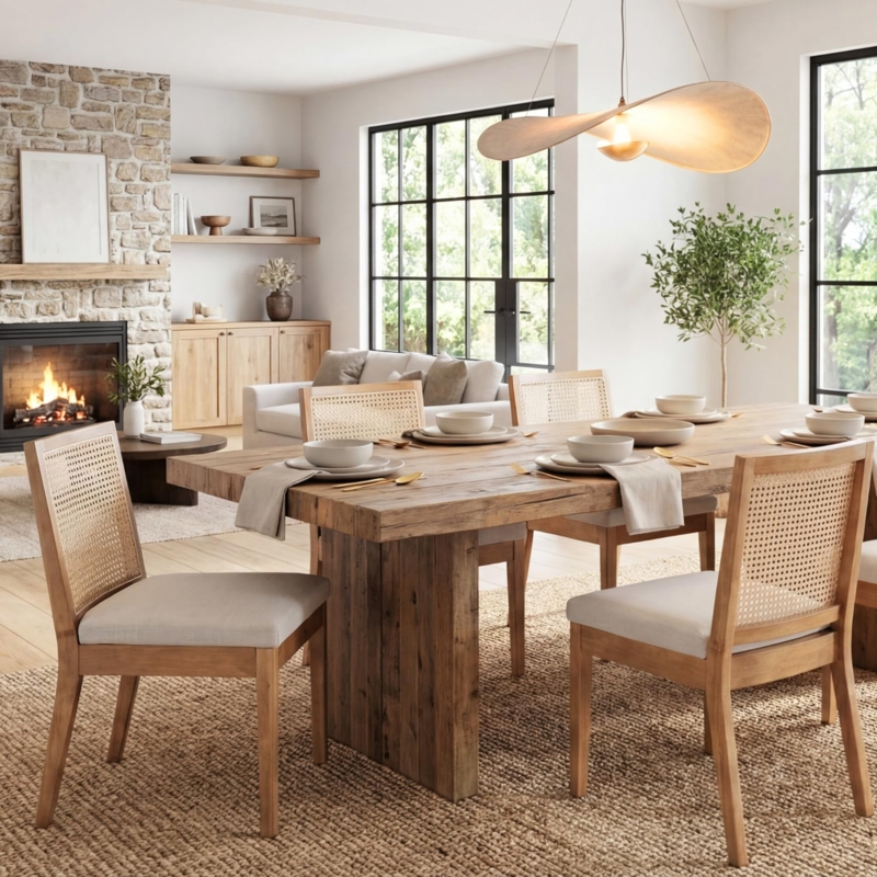 Dining Chair Circular Cane Back Natural Cream Upholstery