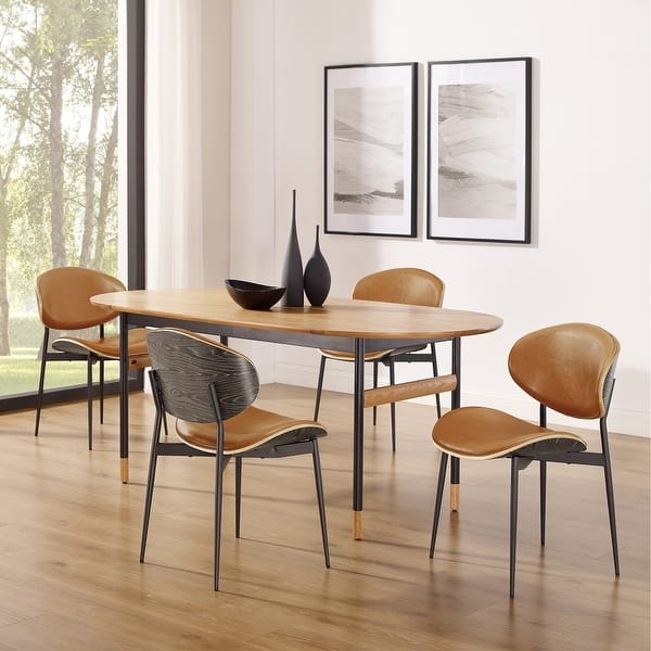 Dining Chair Cognac Faux Leather Black Metal Tapered Legs Armless