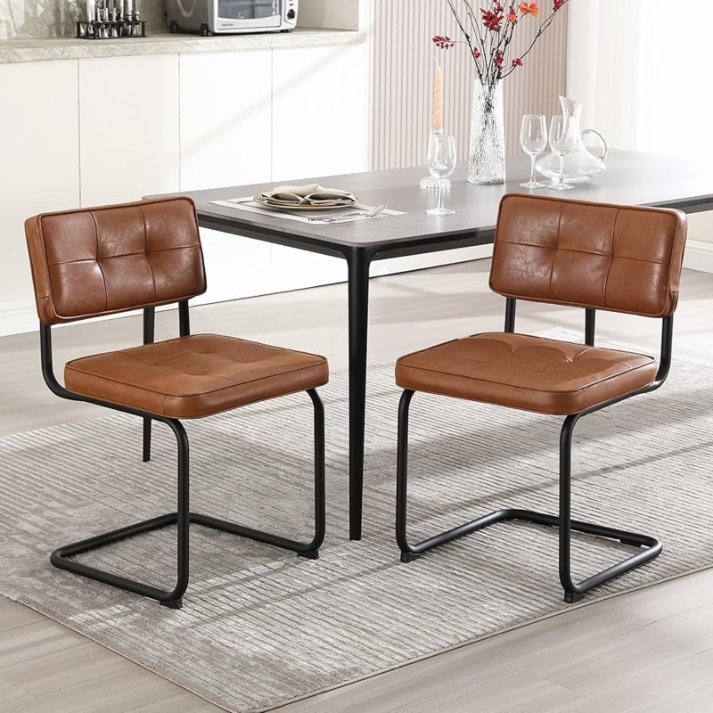 Dining Chair Cognac Faux Leather Cantilever Base Breakfast Nook