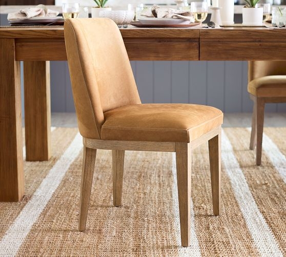 Dining Chair Cognac Leather Like Tapered Dark Legs Armless