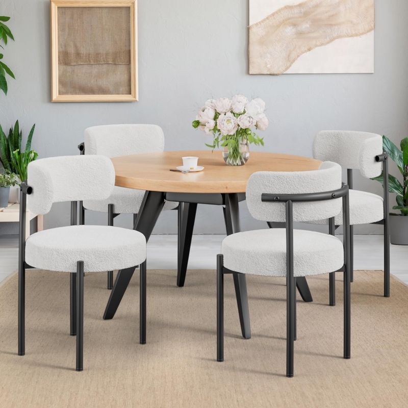 Dining Chair Cream Boucle Curved Back with Black Tapered Legs