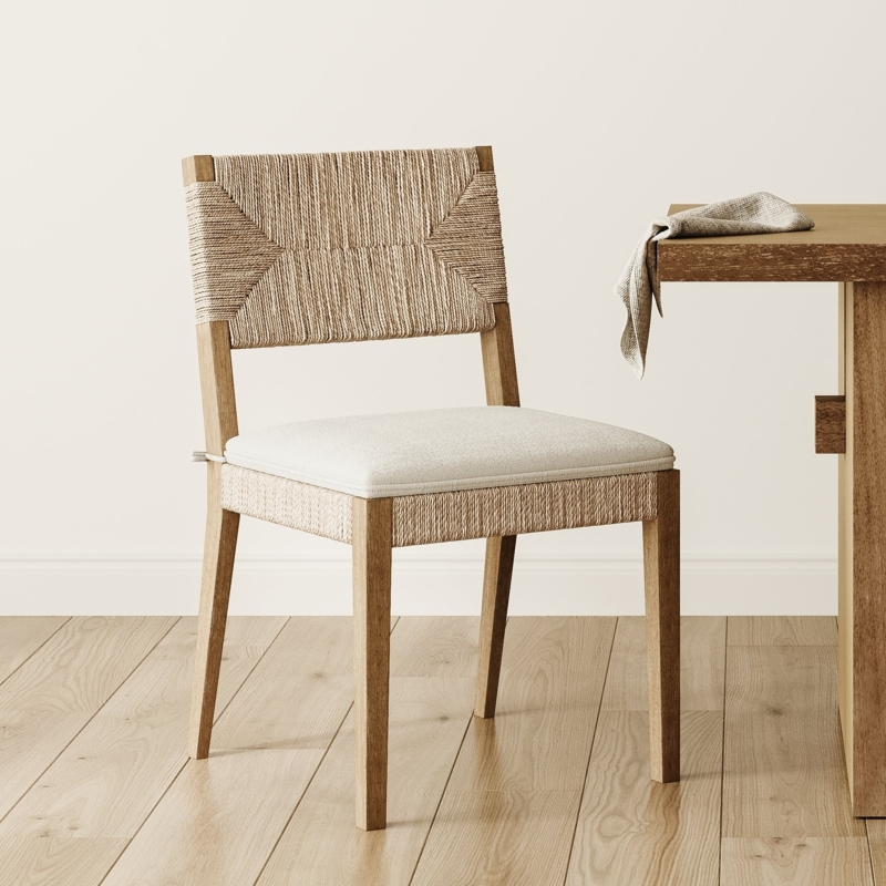 Dining Chair Cream Boucle Seat Seagrass Back Tapered Wood Legs