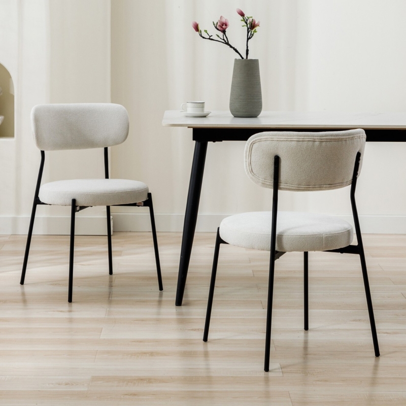 Dining Chair Cream Boucle Texture Curved Back Metal Legs