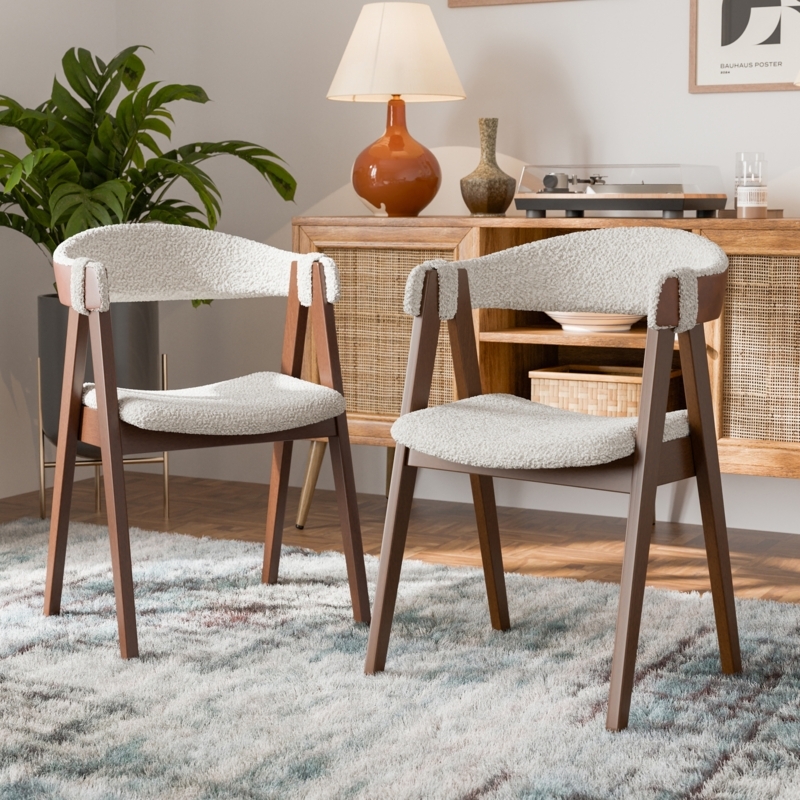 Dining Chair Cream Boucle Texture Walnut Finish Curved