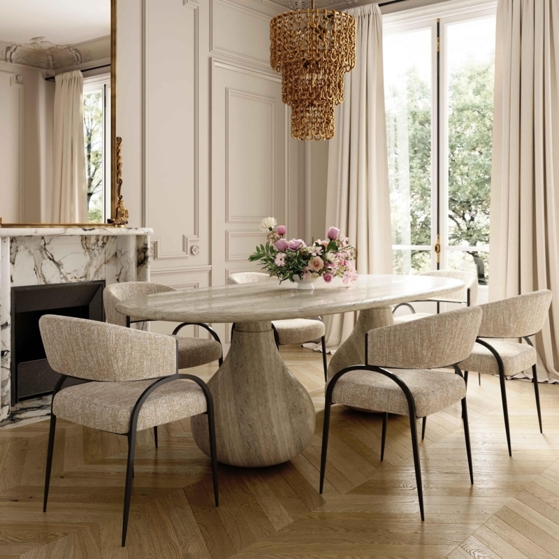 Dining Chair Cream Boucle Upholstery on Metal Swivel Base