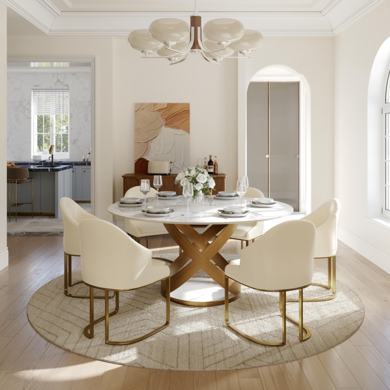 Dining Chair Cream Leather-Like Sled Base Channel Tufted Gold Finish