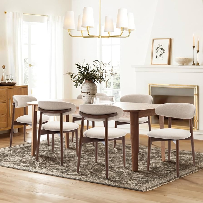 Dining Chair Curved Back Beige Upholstery, Transitional Set of 6