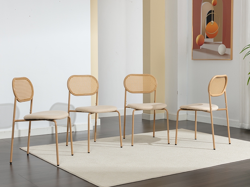 Dining Chair Curved Wood Frame Rattan Back Cream Seat Black Legs