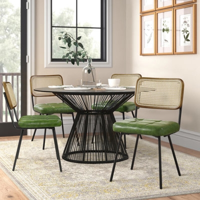 Dining Chair Dark Green Upholstery with Rattan Back and Tufting