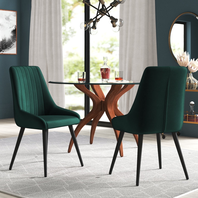 Dining Chair Dark Green Velvet Channel Tufted Gold Legs