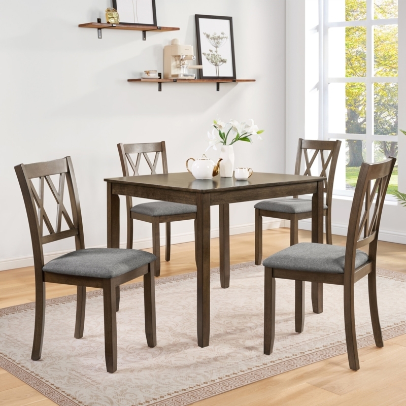 Dining Chair Dark Wood Frame Slat Back Espresso Beige Farmhouse