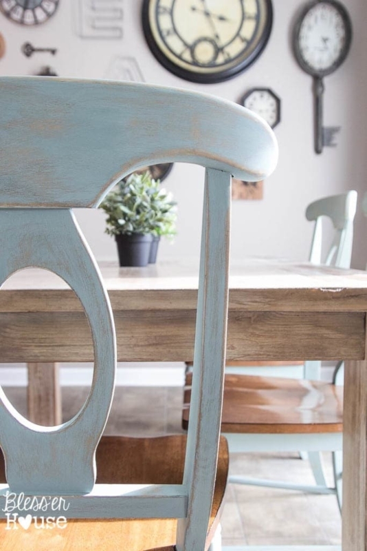 Dining Chair: Distressed Duck Egg Blue Oval Splat Back with Fluted Legs