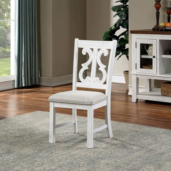 Dining Chair: Distressed White Ladder Back with Gray Upholstered Seat