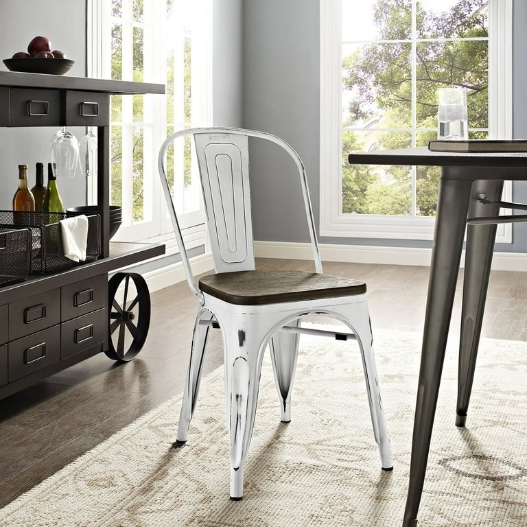 Dining Chair, Distressed White Metal with Seat Cutout, Industrial Farmhouse Style