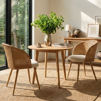 Dining Chair Double Layer Cane Back Linen Seat Boho Dining Chairs