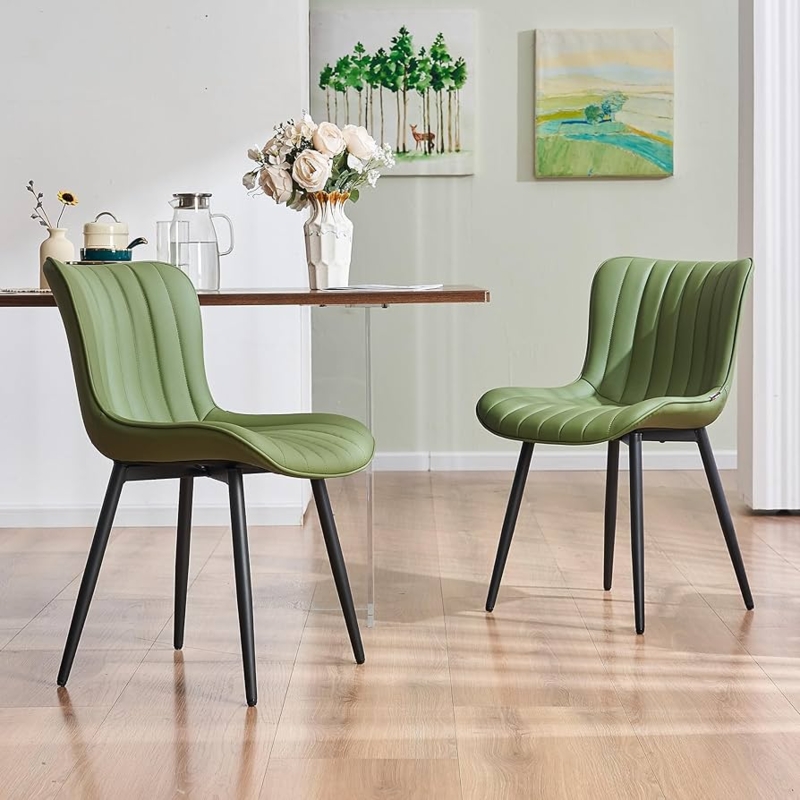 Dining Chair Faux Leather Curved Wing Back Black Metal Legs