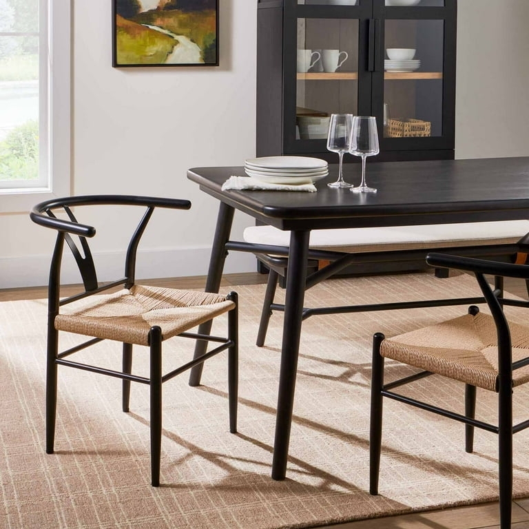 Dining Chair featuring Black Metal Wishbone Frame and Woven Cord Seat.