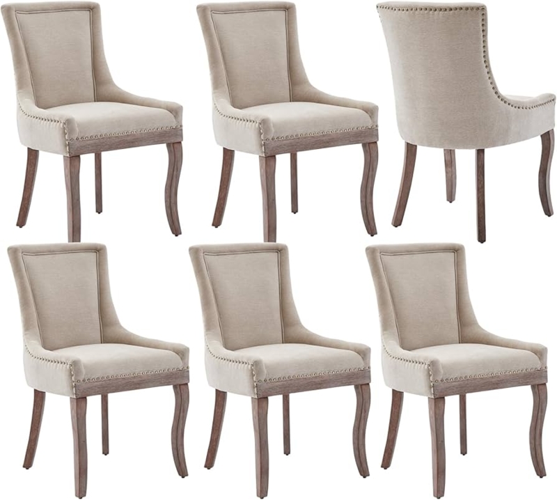 Dining Chair Flared Wingback Silhouette Beige Linen-Look Upholstery