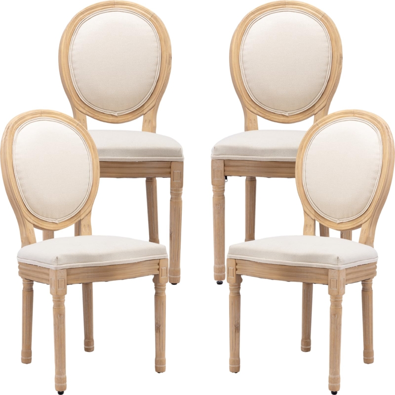 Dining Chair French Country Medallion Back Weathered Wood Ivory Linen