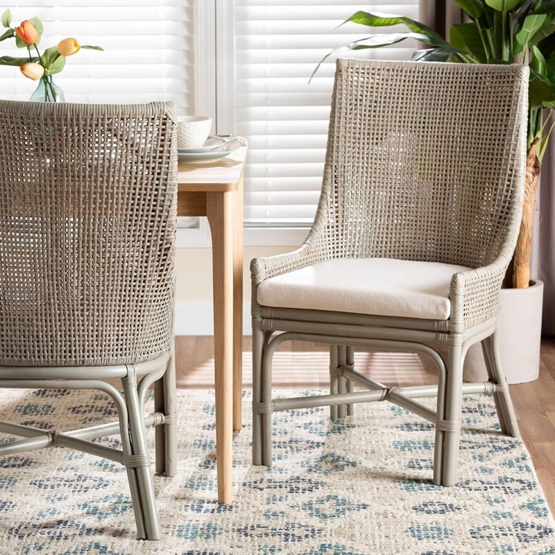 Dining Chair French Grey Handwoven Rattan High Backrest with Cushion
