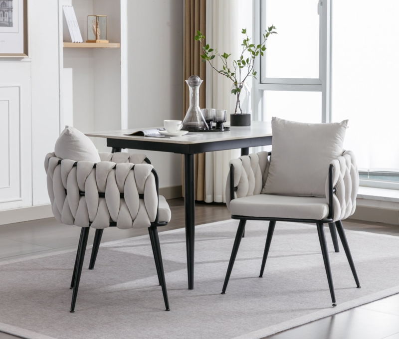 Dining Chair Glam Woven Back Polished Gold Legs Velvet Like Fabric