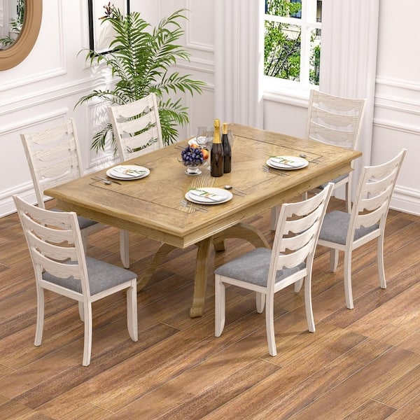 Dining Chair Gray Farmhouse Set of 6 Padded Seat Leg Stretchers