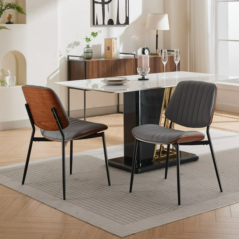 Dining Chair Gray Faux Leather Wood Toned Shell Back