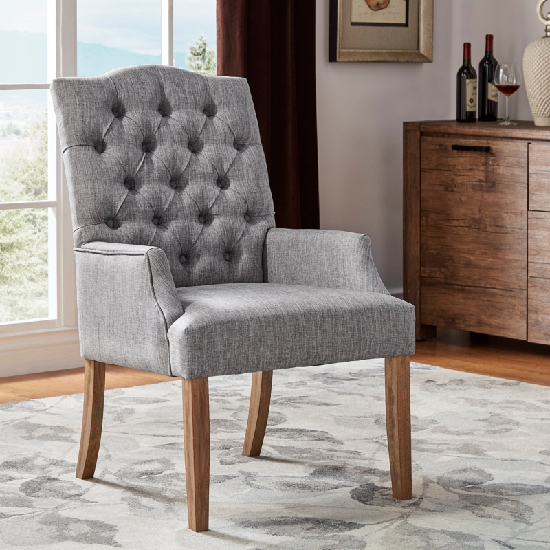 Dining Chair: Gray Linen Button Tufted Camelback with Distressed Legs
