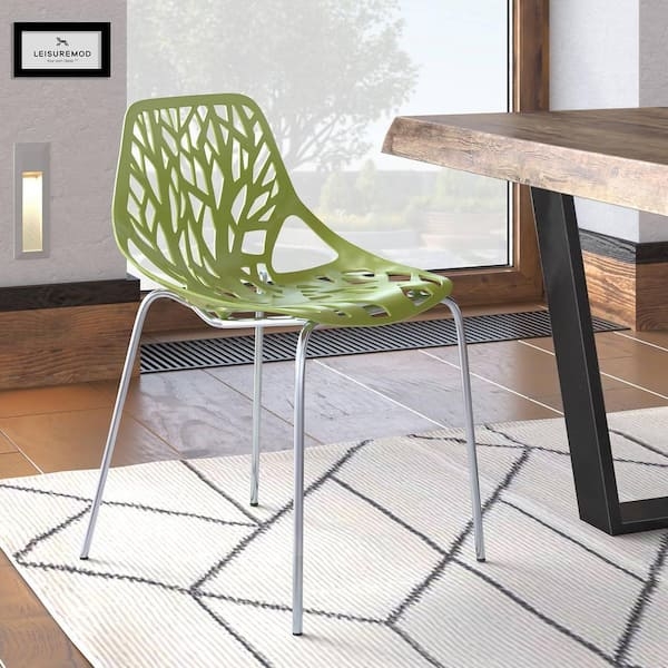 Dining Chair: Green Plastic with Organic Cutout Backrest Design