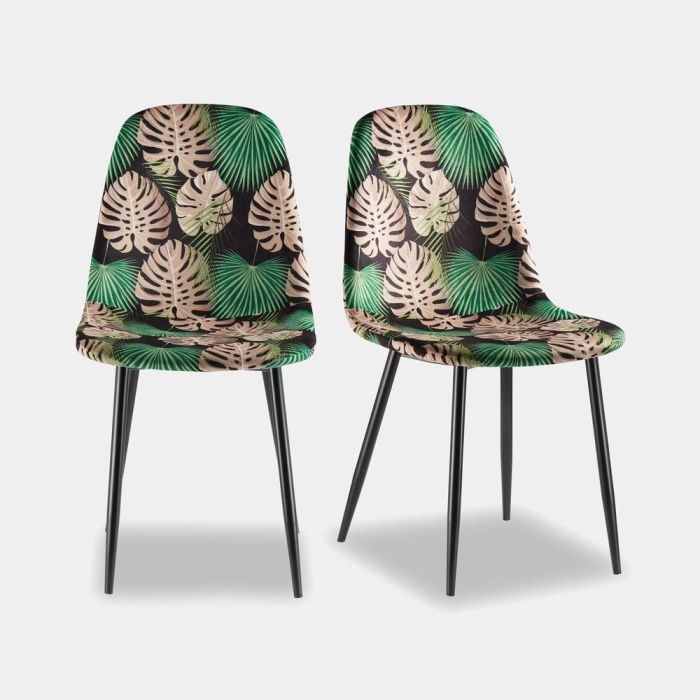 Dining Chair Green Tropical Leaf Print with Tapered Wood Legs