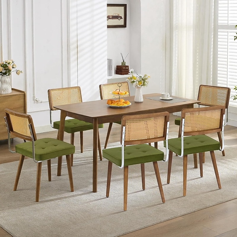 Dining Chair Green Velvet Round Seat Rattan Insert Black Legs