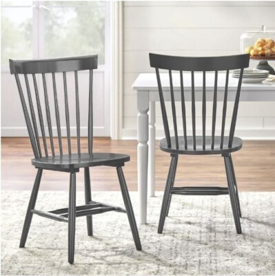 Dining Chair Grey Finish Vertical Slat Back Matte Painted Farmhouse