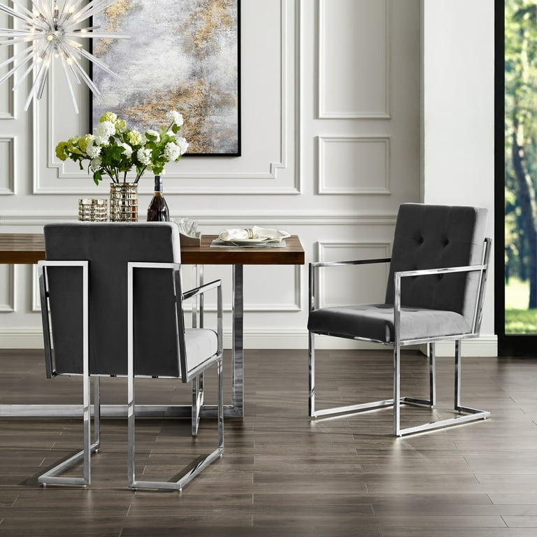 Dining Chair Grey Velvet Chrome Frame Square Arms