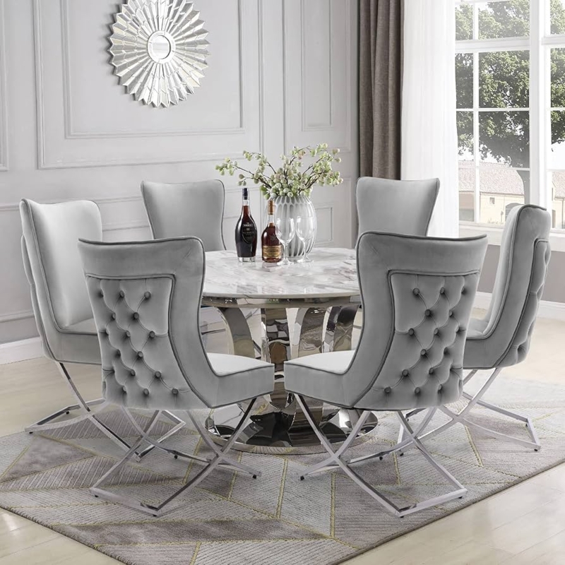 Dining Chair Grey Velvet Vertical Channel Tufting Polished Gold Legs