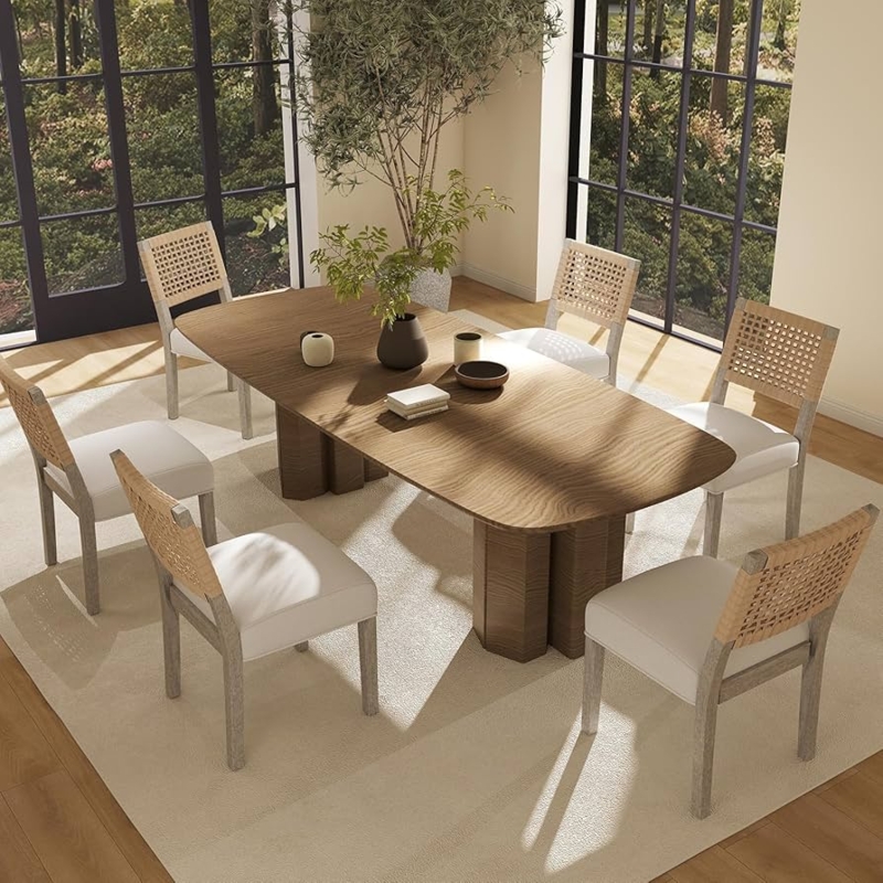 Dining Chair Handwoven Cane Back Walnut Finish Light Fabric Seat