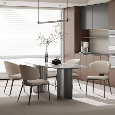 Dining Chair High Back Ribbed White Leather-Like Polished Metal