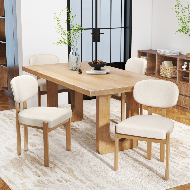 Dining Chair High Curved Back Beige Fabric, Tapered Wood Legs