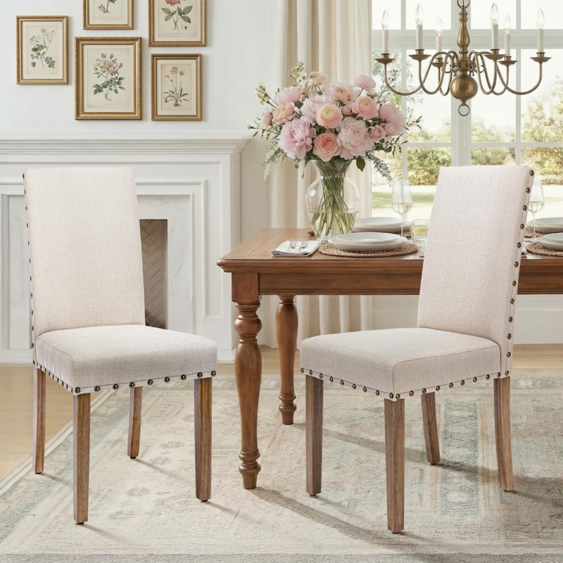 Dining Chair High Parsons Back, Beige Upholstery, Bronze Nailhead Trim